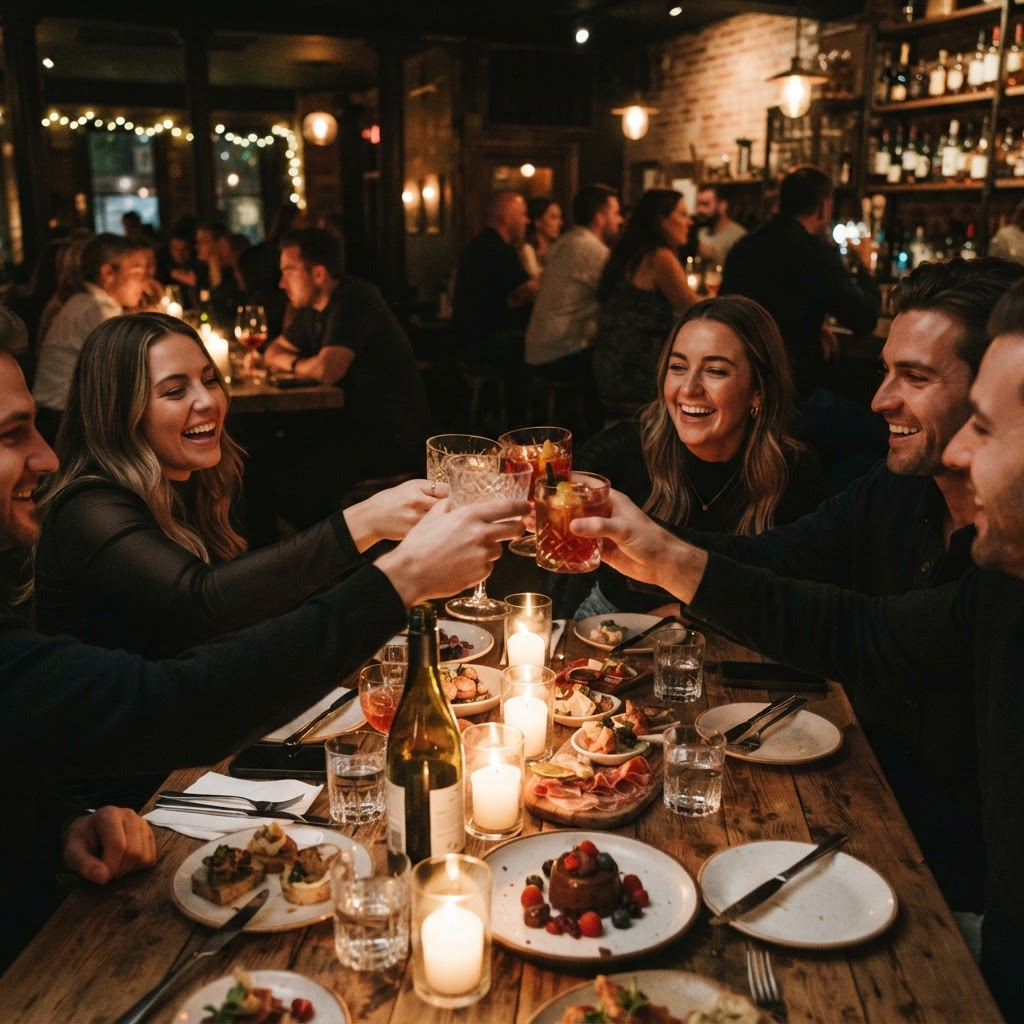 Guests enjoying cocktails and small plates at a candlelit table