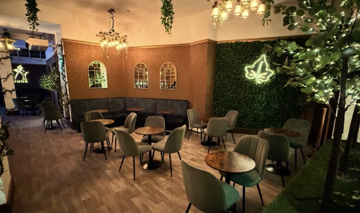Ivy Lounge interior with sage green velvet chairs, a lit ivy leaf feature and a green foliage wall